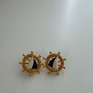 Avon Gold Nautical Ship's Wheel Pierced Earrings Navy Blue and White Sailboat